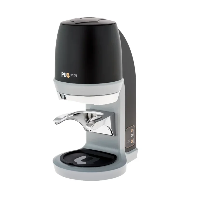 Automatischer Tamper Puqpress Q1 mit einem Durchmesser von 58,3 mm in eleganter schwarzer Farbe für eine präzise Kaffeeverdichtung.