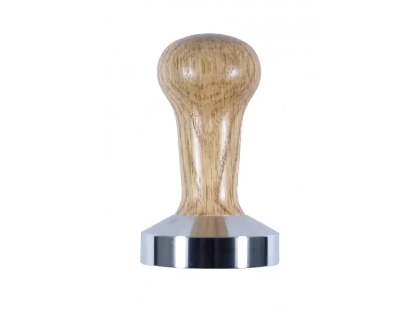 Heavy Tamper Classic de madera de roble de 55 mm para compactar café en el portafiltro.