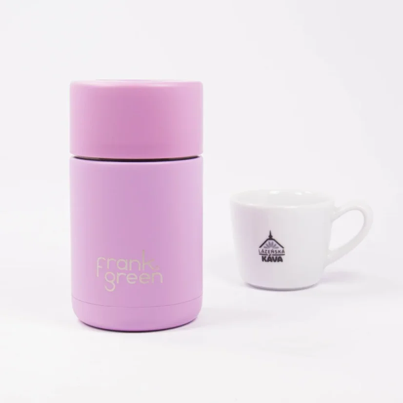 Pink 295 ml thermal bottle on a white background with a cup of coffee