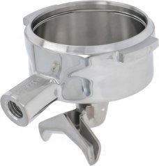 Hebel (Portafilter) Pesado, verchromte Portafilterhiewel mat ronnem Kierfchen, säitlechem Gewandsstutz an engem Grëffhalter Hebel (Portafilter) Pesado, verchromte Portafilterhiewel mat ronnem Kierfchen, säitlechem Gewandsstutz an engem Grëffhalter