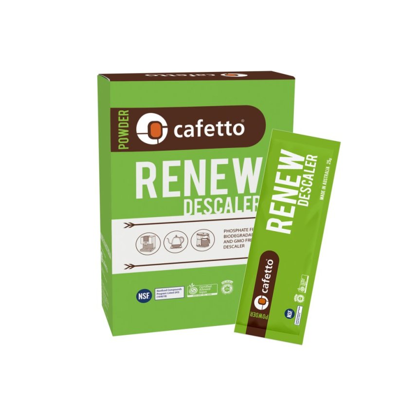 Cafetto Renew Descaler powder. The package contains 4 sachets of 25 grams each.