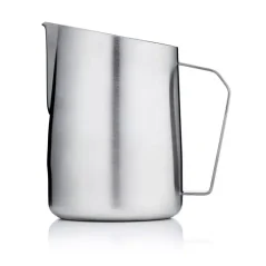 Silver barista milk frothing pitcher with a 600 ml capacity on a white background Silver barista milk frothing pitcher with a 600 ml capacity on a white background