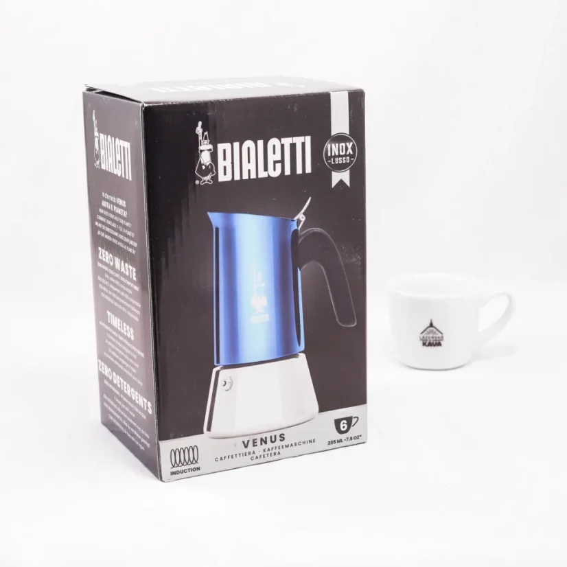 Bialetti New Venus Blue moka pot for making up to 6 cups of coffee.