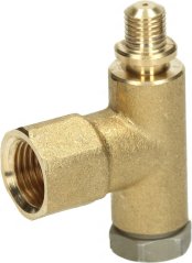 Messing-Winkelfitting vum Zündbrenner mat enger Gewandsdüs an enger Mutter.