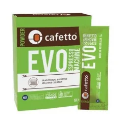 Préparation pour nettoyer les voies de café dans des sachets verts avec une boîte en papier de couleur verte.