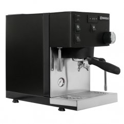 The front of the black Rancilio coffee machine.