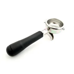 Nano Tech portafilter with leather handle on a white background, side view