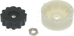 Kupplungssaz: schwaarz geriwwelt Mutter a wäiss Plastikhülls mat engem Sechskantkapp.