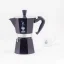 Black Bialetti Moka Express pot for 6 cups, suitable for use on a halogen heat source.