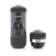 Portable coffee maker in gray with a capsule adapter. Portable coffee maker in gray with a capsule adapter.