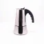 Silver moka pot with a black handle for 10 cups on a white background