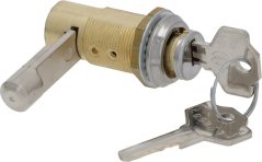 Messing zylindresche Schlass mat engem laange Gewandkierper, enger Metallzong a zwee Schlëssel. Messing zylindresche Schlass mat engem laange Gewandkierper, enger Metallzong a zwee Schlëssel.