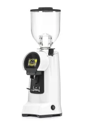 Biely espressový mlynček na kávu Eureka Helios 65, ideálny pre použitie v espressových baroch.