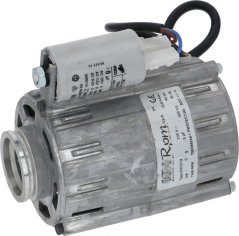 Elektromotor mat enger Clampverbindung, enger schwaarzer Uschlossbox, engem Kondensator a faarwege Leedungen.