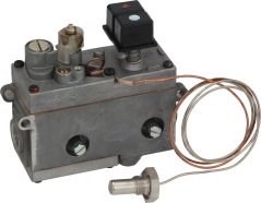 Gasventil Minisit mat engem Dréiknäppchen, enger schwaarzer elektromagnéitescher Spull an enger opgerollter Kapillar mat enger Sond.