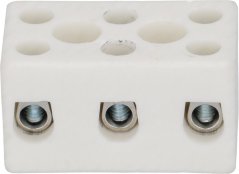 Wäisse Keramik-Klemmenblock mat dräi Metall-Schraufklemmen a Montagelächer.