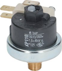 Drockschalter XP110 1,5–4 bar 1/8", schwaarze Plastikkierper mat Steekverbindungen an engem Messenggewand Drockschalter XP110 1,5–4 bar 1/8", schwaarze Plastikkierper mat Steekverbindungen an engem Messenggewand