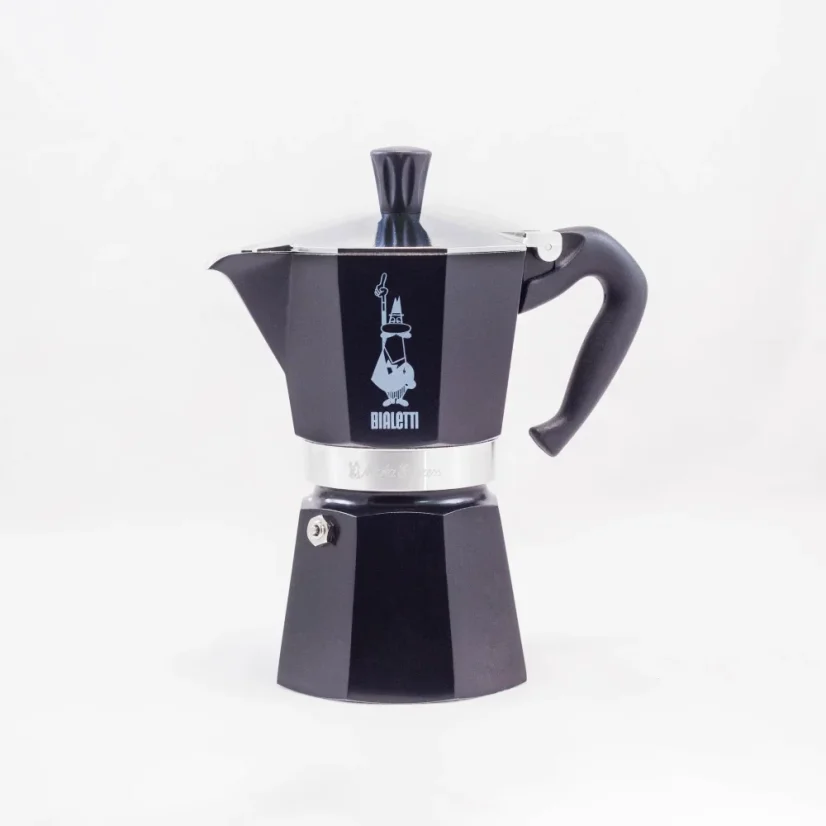 Classic black Bialetti Moka Express coffee maker for 6 cups, suitable for use with halogen heating sources.