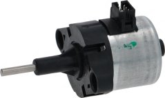 Motor fir d'Offallwaasserentfernung mat schwaarzem Plastikskierper, engem Metallzylinder an engem Steckverbinder mat e puer Pinnen uewen Motor fir d'Offallwaasserentfernung mat schwaarzem Plastikskierper, engem Metallzylinder an engem Steckverbinder mat e puer Pinnen uewen