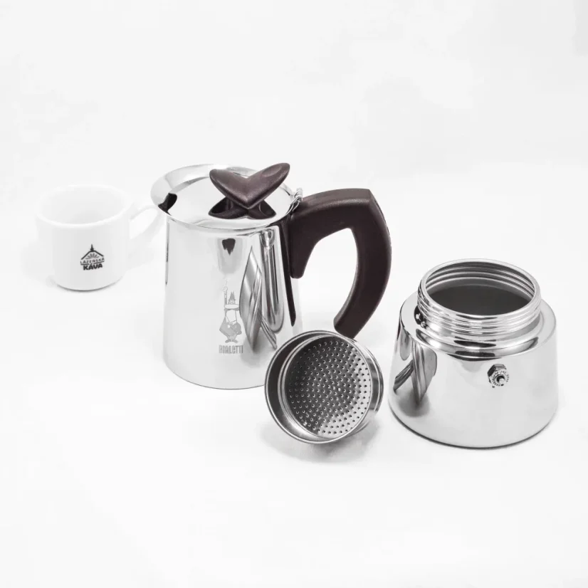Bialetti Musa moka pot for 6 cups, suitable for heating on a halogen source.