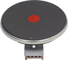 Rond schwaarz Elektresch Kachplack mat engem roude Punkt an der Mëtt an engem verchromte Rand. Rond schwaarz Elektresch Kachplack mat engem roude Punkt an der Mëtt an engem verchromte Rand.