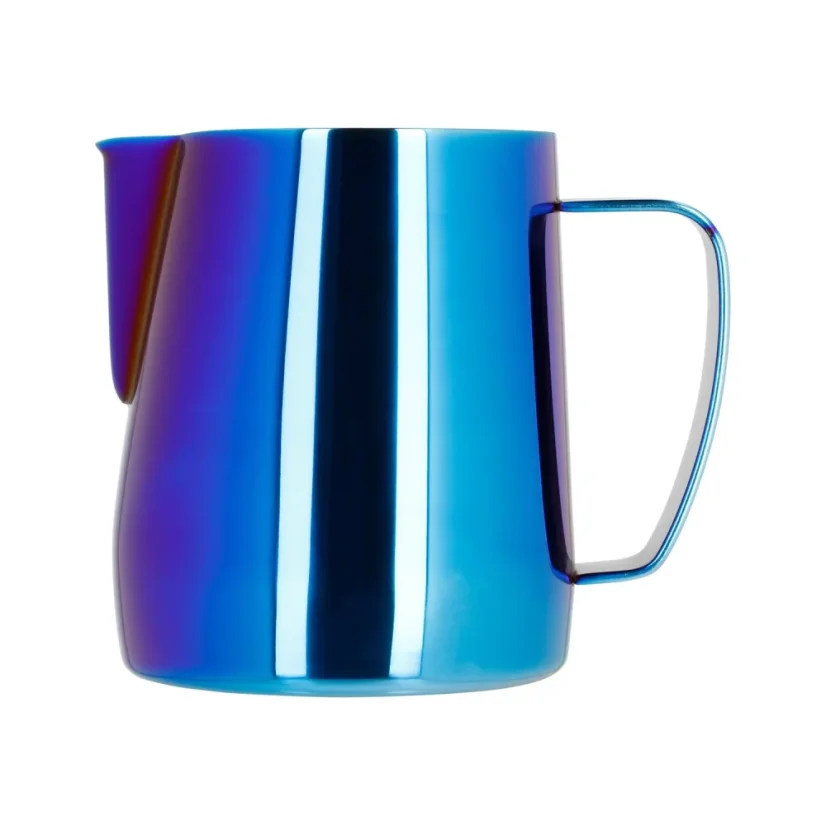 Rear view of a blue milk frothing jug.