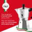 Italian Moka pot in silver color by Bialetti Moka Express for 3 cups on a red background with a label