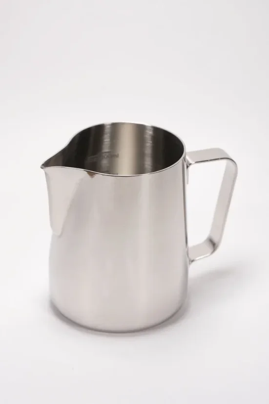 Stainless steel milk jug with a pointed spout