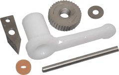 Sett Ersatzmesser: wäisse Plastiksaarm, Zännrad, Metallstëft, Ënnerluechten an eng Messerplack Sett Ersatzmesser: wäisse Plastiksaarm, Zännrad, Metallstëft, Ënnerluechten an eng Messerplack