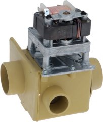 Elektromagnéitesche Ventil mat engem beige Plastikkierper, enger Metallspull uewen a méi ronne Stutzen op de Säiten. Elektromagnéitesche Ventil mat engem beige Plastikkierper, enger Metallspull uewen a méi ronne Stutzen op de Säiten.