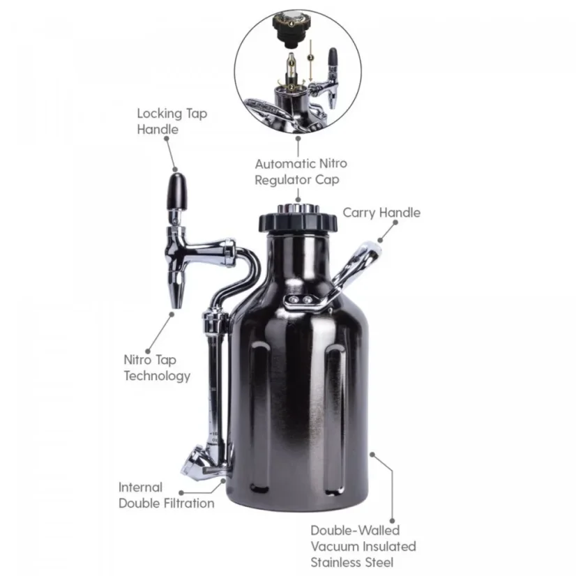 Nitro Cold Brew coffee maker in English with a side view.