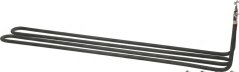 Heizelement aus enger schwaarzer Metallréier, an längleche Schleefen gebéit, mat enger Metallhalterung a zwee Konnektoren um Enn.