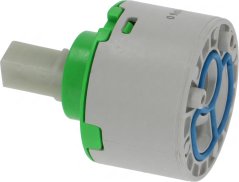 Plastik-Kartusch vun der Batterie mat gréngem Kierper, wäissem Ausgangsstutz a blo Steierelement Plastik-Kartusch vun der Batterie mat gréngem Kierper, wäissem Ausgangsstutz a blo Steierelement