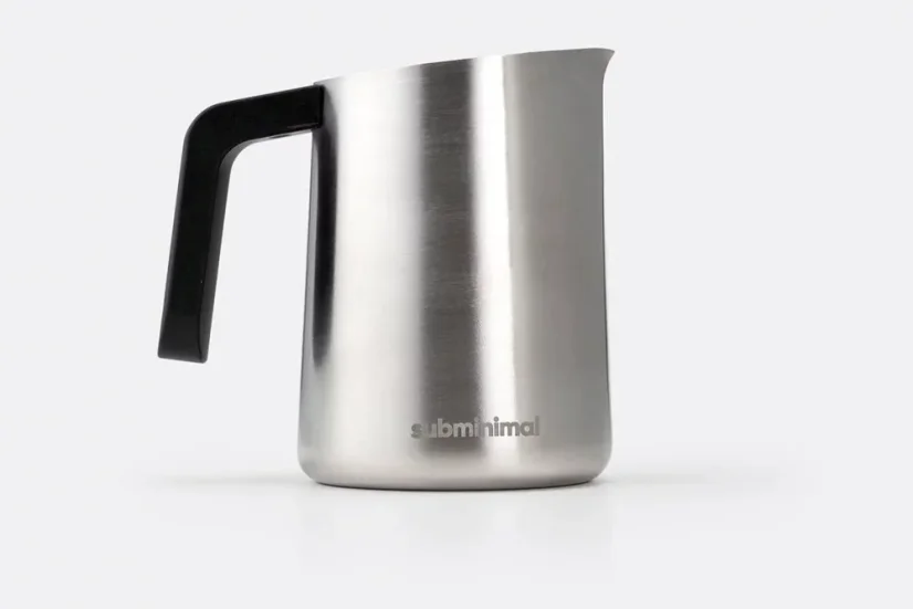 Silver Subminimal flowtip milk pitcher on a white background
