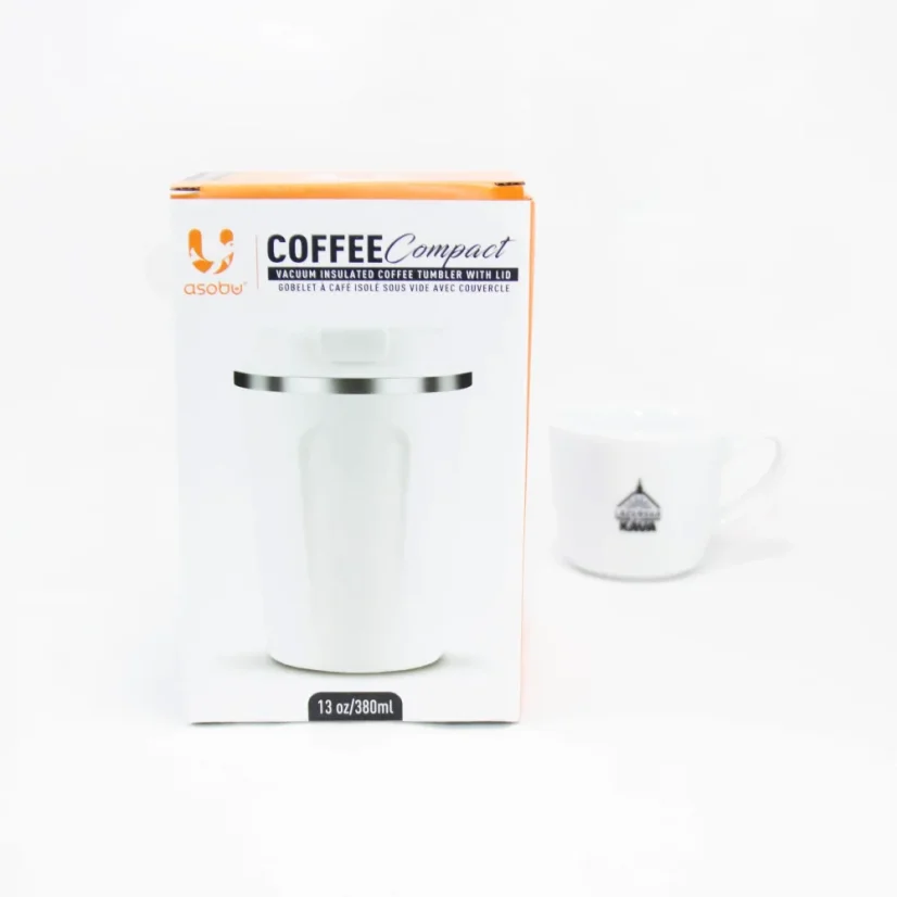 Weißer Thermobecher Asobu Cafe Compact mit einem Fassungsvermögen von 380 ml, ideal für unterwegs.