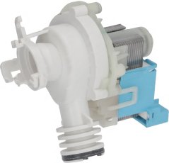 Oflaagspompel INDESIT C00090537, wäiss Plastikpompel mat engem bloen elektresche Stecker.