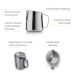 Description of a stainless steel milk frothing pitcher from Barista and Co Dial In, 420ml in black finish