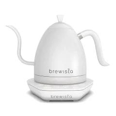 Elegant Brewista electric kettle in white with a gooseneck spout and reheating function.