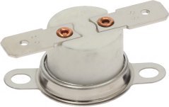 Kontakt-Thermostat 230°C, wäissen Keramikthermostat mat Koffer-Niedelen an engem metallesche Montageouer.