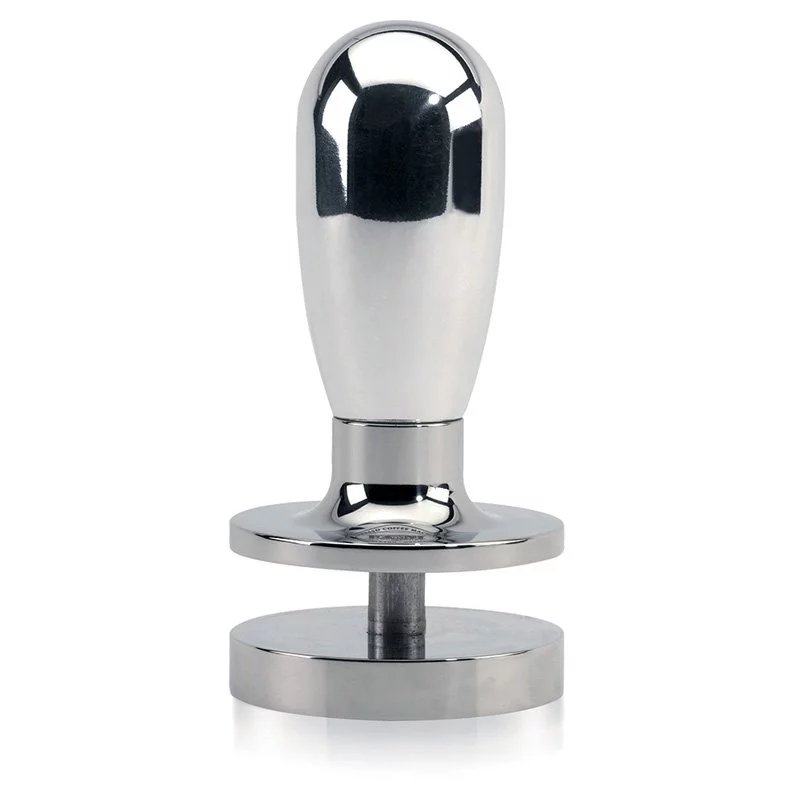 Tamper argenté avec réglage de pression pour le café dans le portafilter ECM.