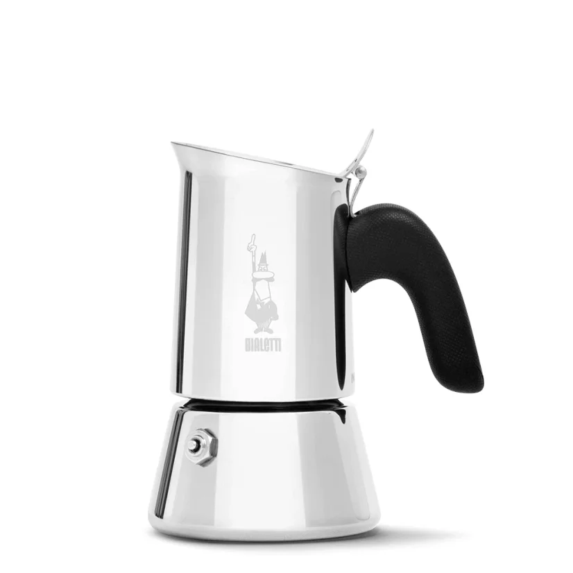 Bialetti New Venus moka pot, silver for 2 cups on a white background
