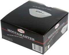 Moccamaster Pabeiersfilter fir Thermoserve a CDT op engem wäisse Hannergrond am originale Verpakung.