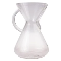 Recipientul din sticlă Chemex, transparent, cu mâner, pentru 10 cești de cafea.