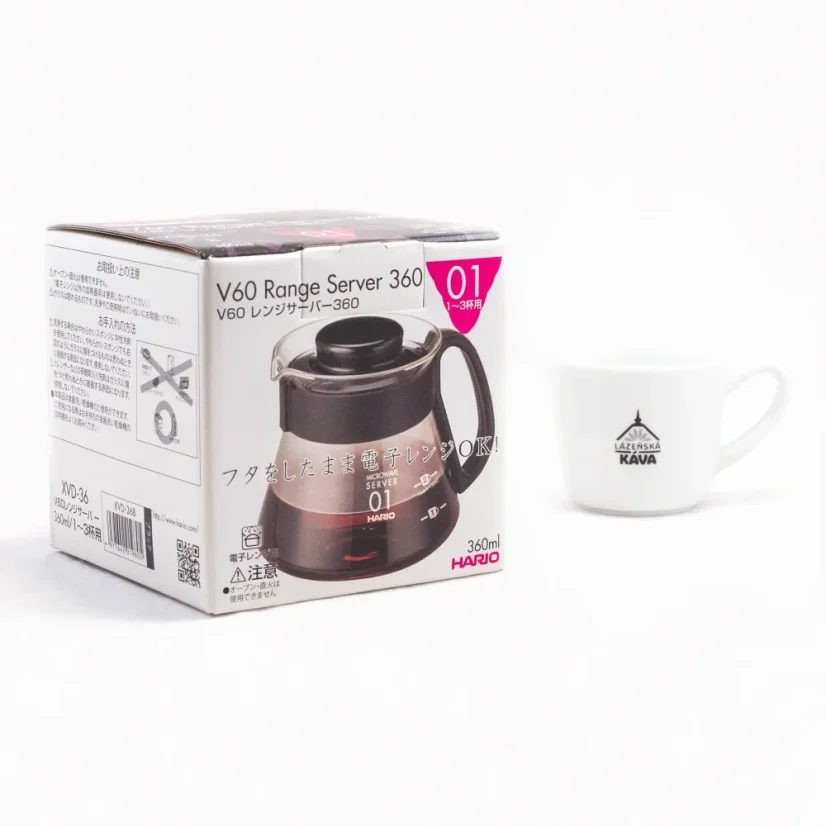 Glass carafe Hario Range Server V60-01 with a capacity of 360 ml, suitable for coffee preparation and microwave safe.
