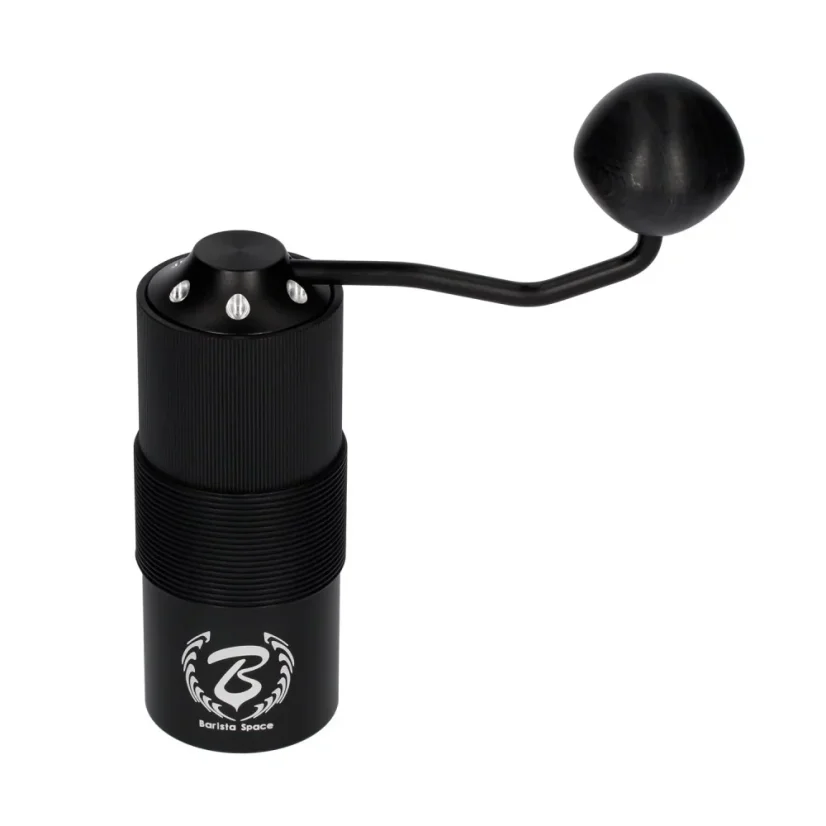 Hand-operated Barista Space coffee grinder in elegant black color, ideal for preparing freshly ground coffee.