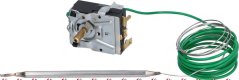 Eenfase-Thermostat mat Metallgehäus, engem Dréiknapp an enger gréngter Kapillarleitung mat Sonde.