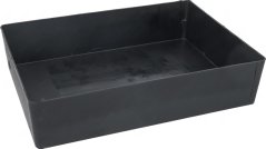 Schwaarz rechteckeg Drëpsschal aus Plastik mat riichte Wänn a glatem Buedem.