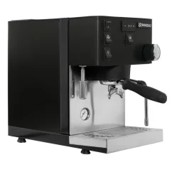 Front view of a black Rancilio coffee machine.
