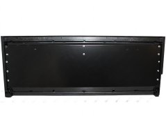 Groussen schwaarze Blechpanel vun der Ausgabedier mat enger Rei Schrauwen a Scharnieren um Rand.
