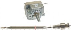 Eenfase Thermostat mat engem beige Kierper, engem kuerze Kabelausgang an engem sëlwerfaarwegen Kapillar dat an enger dënner Sond ophält. Eenfase Thermostat mat engem beige Kierper, engem kuerze Kabelausgang an engem sëlwerfaarwegen Kapillar dat an enger dënner Sond ophält.